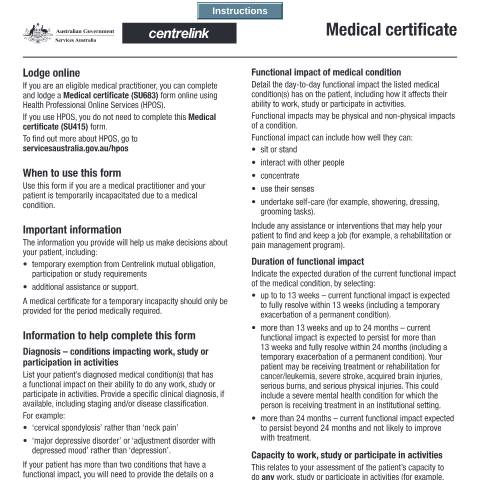 Document preview: Centrelink Medical Certificate form (SU415) — Services Australia — Health professionals, Australia (CERFA n°SU415)