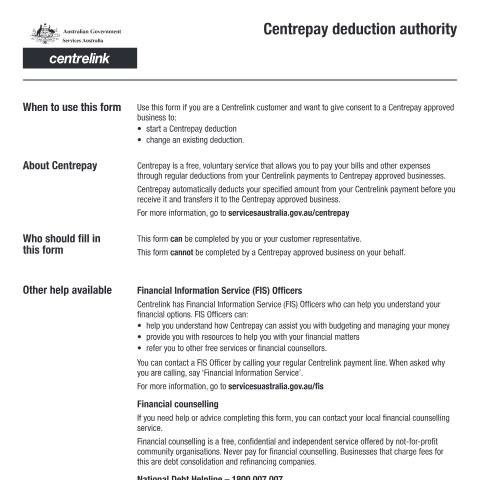 Document preview: Centrepay deduction authority — Services Australia — Individuals (by code), Australia (CERFA n°SA501)