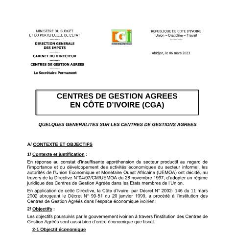 Aperçu du document GENERALITES SUR LES CENTRES DE GESTIONS AGREES 2023 — Document officiel, Côte d'Ivoire