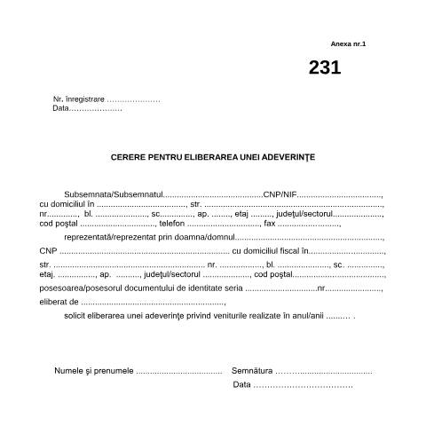 Document preview: Cerere pentru eliberarea unei adeverințe (OPANAF 1048/2024) — Cereri, România (CERFA n°A1_231_cerere_OPANAF_1048_2024)
