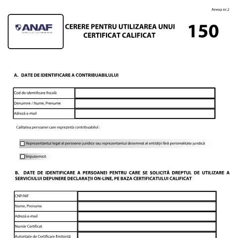 Document preview: Cerere pentru utilizarea unui certificat digital calificat (OPANAF 2213/2025) — Cereri, România (CERFA n°C150_2213_2025)