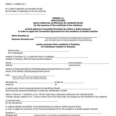 Document preview: Cerere pentru eliberarea certificatului de rezidență fiscală pentru persoane fizice rezidente în România (OMFP 583/2016) — Cereri, România (CERFA n°A3_OMFP_583_2016)