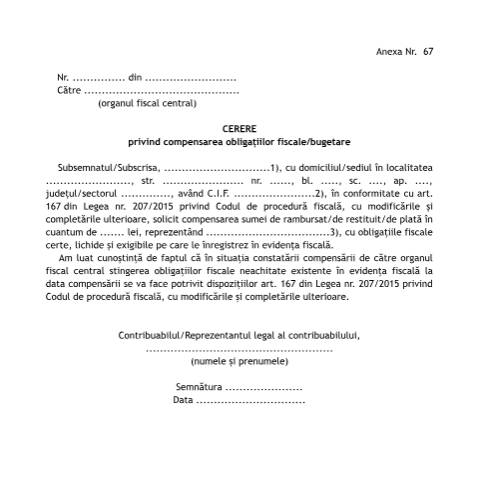 Document preview: Cerere privind compensarea obligațiilor fiscale/bugetare (OPANAF 63/2017) — Cereri, România (CERFA n°A67_63_2017)