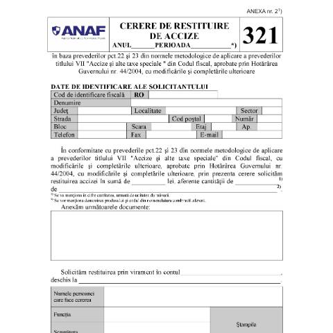 Document preview: Cerere de restituire de accize (OMEF 420/2007) — Cereri, România (CERFA n°cerere_321_2007)