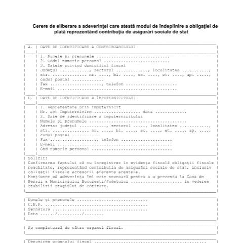 Document preview: Cerere de eliberare a adeverinţei care atestă modul de îndeplinire a obligaţiei de plată reprezentând contribuţia de asigurări sociale de stat (OPANAF 3093/2014) — Cereri, România (CERFA n°C_3093_2014)