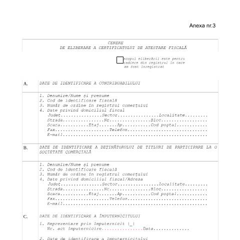 Document preview: Cerere de eliberare a certificatului de atestare fiscală (OPANAF 3654/2015) — Cereri, România (CERFA n°A3_OPANAF3654_2015)