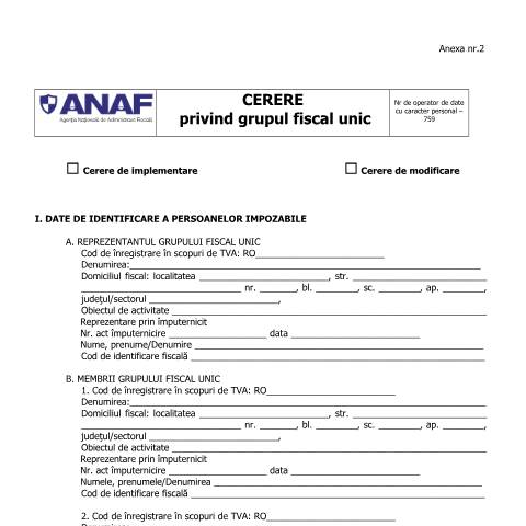 Document preview: Cerere privind grupul fiscal unic (OPANAF 3006/2016, cu modiifcările și completările ulterioare) — Cereri, România (CERFA n°A2_OPANAF_3480_2017)