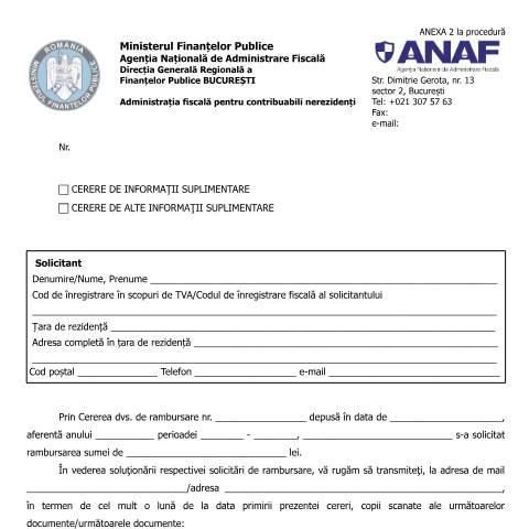 Document preview: Cerere de informații suplimentare / Cerere de alte informații suplimentare (OPANAF 2809/2016, cu modificările și completările ulterioare) — Documente emise, România (CERFA n°A2p_OPANAF_2809_2016)