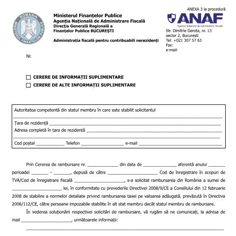 Document preview: Cerere de informații suplimentare / Cerere de alte informații suplimentare (OPANAF 2809/2016, cu modificările și completările ulterioare) — Documente emise, România (CERFA n°A3p_OPANAF_2809_2016)