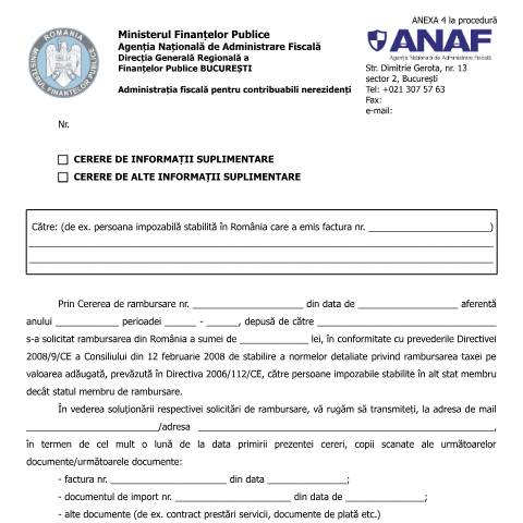 Document preview: Cerere de informații suplimentare / Cerere de alte informații suplimentare (OPANAF 2809/2016, cu modificările și completările ulterioare) — Documente emise, România (CERFA n°A4p_OPANAF_2809_2016)