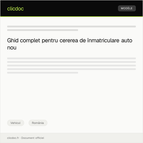 Document preview: Cerere pentru înmatriculare auto nou — Vehicul, România