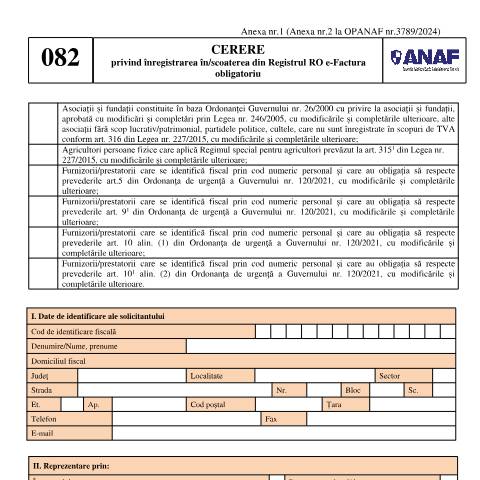 Document preview: Cerere privind înregistrarea în/scoaterea din Registrul RO e-Factura obligatoriu (OPANAF 3789/2024, cu modificările și completările ulterioare) — Cereri, România (CERFA n°A2_OPANAF_378_2026)