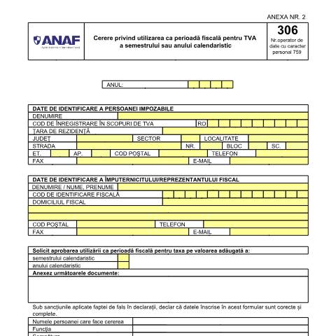 Document preview: Cerere privind utilizarea ca perioadă fiscală pentru TVA a semestrului sau anului calendaristic (OPANAF 2037/2016) — Cereri, România (CERFA n°306_OPANAF_2037_2016)