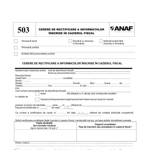 Document preview: Cerere de rectificare a informațiilor înscrise în cazierul fiscal (OPANAF 2594/2015, cu modificările și completările ulterioare) — Cereri, România (CERFA n°D_503_OPANAF_2048_2023)