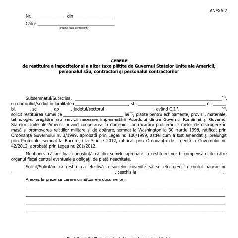 Document preview: Cerere de restituire a impozitelor și a altor taxe plătite de Guvernul Statelor Unite ale Americii, personalul său, contractori și personalul contractorilor (OPANAF 3199/2017) — Cereri, România (CERFA n°A2_OPANAF_3199_2017)
