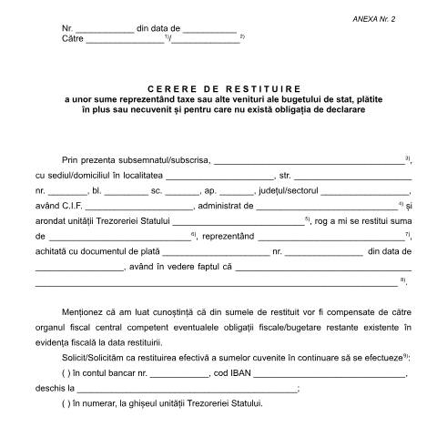 Document preview: Cerere de restituire a unor sume reprezentând taxe sau alte venituri ale bugetului de stat, plătite în plus sau necuvenit și pentru care nu există obligația de declarare (OPANAF 187/2018) — Cereri, România (CERFA n°A2_OPANAF_187_2018)