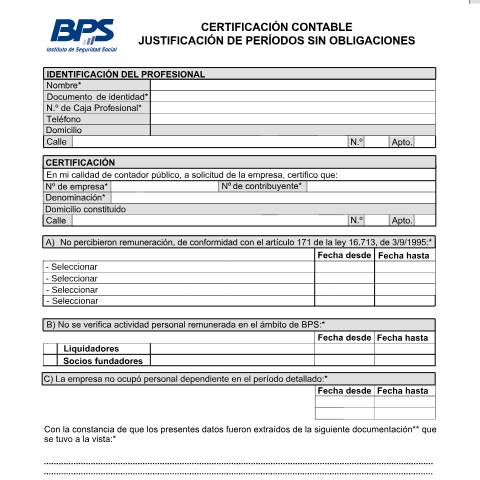Vista previa del documento Certificación contable - Justificación de períodos sin obligaciones — BPS - Formularios Atyr, Uruguay
