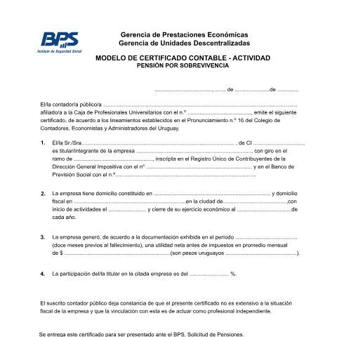 Vista previa del documento Certificado contable de actividad - Pensión por sobrevivencia — BPS - Formularios De Activos, Uruguay