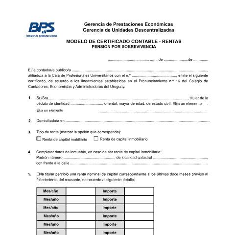Vista previa del documento Certificado contable de rentas - Pensión por sobrevivencia — BPS - Otros Formularios, Uruguay
