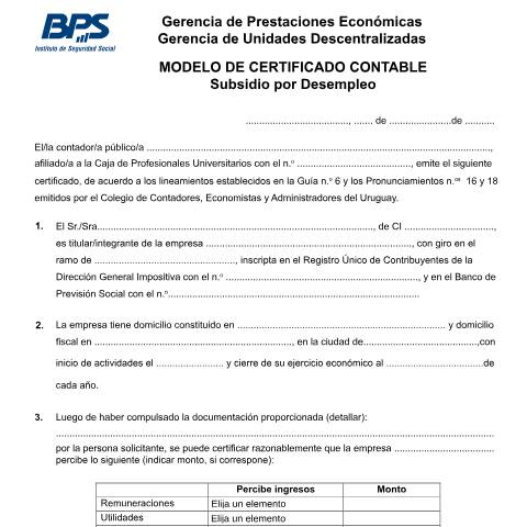 Vista previa del documento Certificado contable - Subsidio por desempleo — BPS - Formularios De Activos, Uruguay