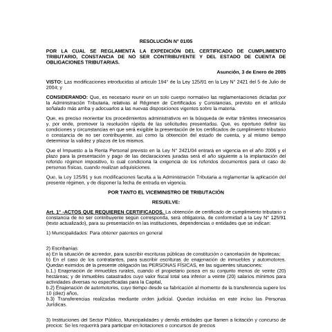 Vista previa del documento Resolución N° 0001 05 — Certificado De Cumplimiento Tributario Cómo Solicitar, Paraguay