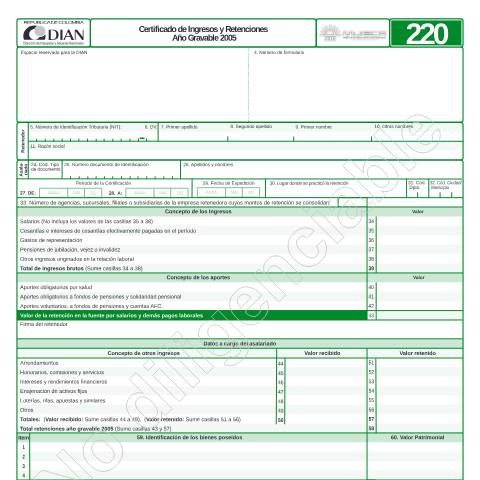 Vista previa del documento Certificado de ingresos y retenciones año gravable 2005 — Año 2006, Colombia (CERFA n°F220-2006)