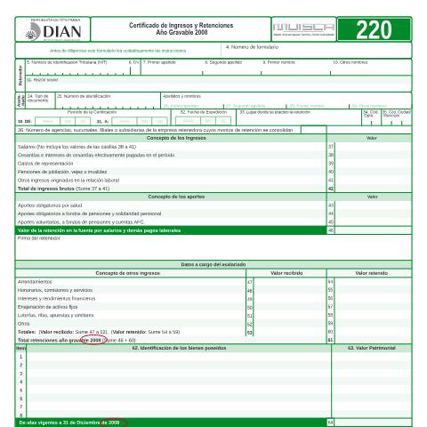 Vista previa del documento Certificado de Ingresos y Retenciones Año Gravable 2008 — Año 2009, Colombia (CERFA n°F220-2009)