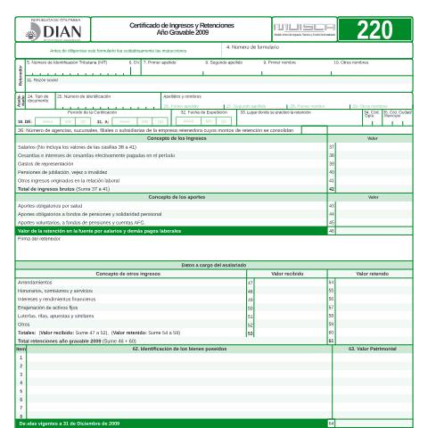 Vista previa del documento Certificado de Ingresos y Retenciones Año Gravable 2009 — Año 2010, Colombia (CERFA n°F220-2010)