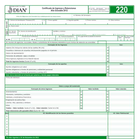 Vista previa del documento Certificado de Ingresos y Retenciones Año Gravable 2012 — Año 2013, Colombia (CERFA n°F220-2013)