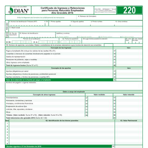 Vista previa del documento Certificado de Ingresos y Retenciones para Personas Naturales Empleados Año Gravable 2016 — Año 2017, Colombia (CERFA n°F220-2017)