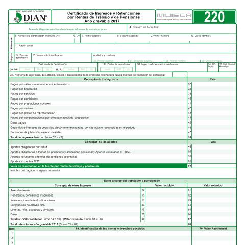 Vista previa del documento Certificado de Ingresos y Retenciones para Personas Naturales Empleados Año Gravable 2017 — Año 2018, Colombia (CERFA n°F220-2018)