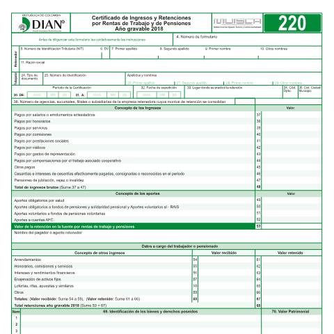 Vista previa del documento Certificado de Ingresos y Retenciones por Rentas de Trabajo y de Pensiones Año gravable 2018 - Resolución 4 de enero 15 de 2019 — Año 2019, Colombia (CERFA n°F220-2019)