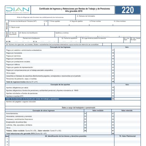 Vista previa del documento Certificado de Ingresos y Retenciones por Rentas de Trabajo y de Pensiones Año gravable 2019 - Resolución 00019 de marzo 10 - Resolución 000045 de mayo 7 de 2020 — Año 2020, Colombia (CERFA n°F220-2020)