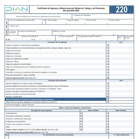 Vista previa del documento Certificado de ingresos y retenciones por rentas de trabajo y de pensiones Año gravable 2020 - Resolución 0117 de diciembre 30 de 2020. — Año 2021, Colombia (CERFA n°F220-2021)