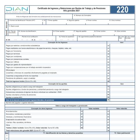 Vista previa del documento Certificado de ingresos y retenciones por rentas de trabajo y de pensiones Año gravable 2021 - Resolución 000029 de 02 de marzo de 2022. — Año 2022, Colombia (CERFA n°F220-2022)