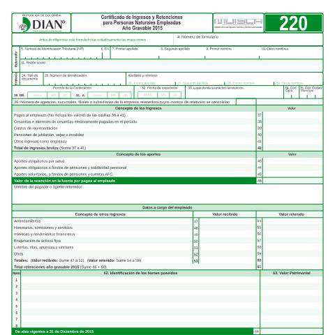 Vista previa del documento Certificado de Ingresos y Retenciones para Personas Naturales Empleados Año gravable 2015 — Año 2016, Colombia (CERFA n°F220-2016)