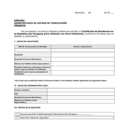 Vista previa del documento Nota de Solicitud para obtener el Certificado Residencia Fiscal con Fines Tributarios — Certificado De Residencia Fiscal Para Fines Tributarios, Paraguay