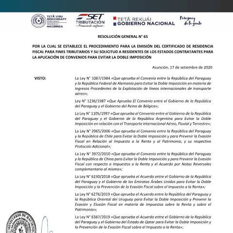 Vista previa del documento Resolución General N°65-2020 — Certificado De Residencia Fiscal Para Fines Tributarios, Paraguay