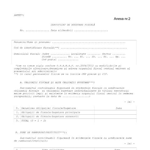Document preview: Certificat de atestare fiscală (OPANAF 3654/2015) — Documente emise, România (CERFA n°A2_OPANAF3654_2015)