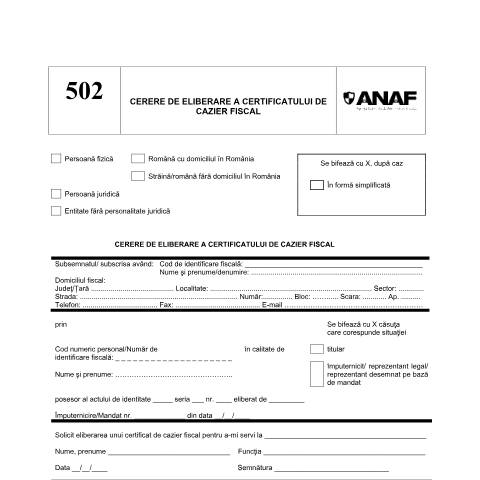 Document preview: Cerere de eliberare a certificatului de cazier fiscal (OPANAF 2594/2015, cu modificările și completările ulterioare) — Cereri, România (CERFA n°D_502_OPANAF_2048_2023)