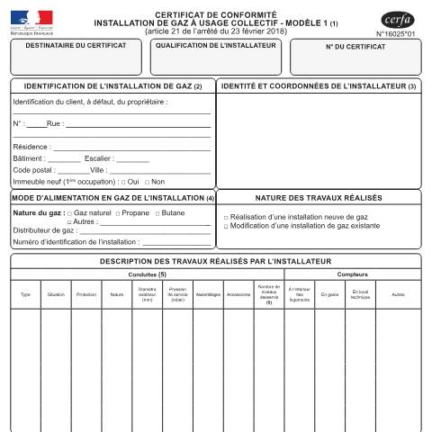 Aperçu du document Certificat de conformité installation de gaz à usage collectif - Modèle 1 — Particuliers, France (CERFA n°16025*01)