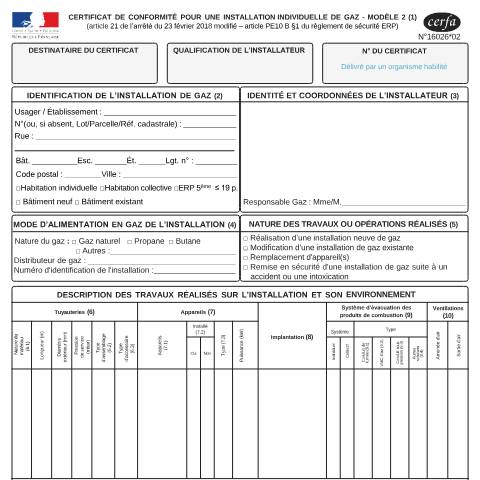 Aperçu du document Certificat de conformité pour une installation individuelle de gaz - Modèle 2 — Particuliers, France (CERFA n°16026*02)