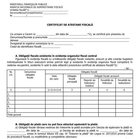 Document preview: Certificat de atestare fiscală (OPANAF 90/2016) — Documente emise, România (CERFA n°A8p_OPANAF_90_2016)