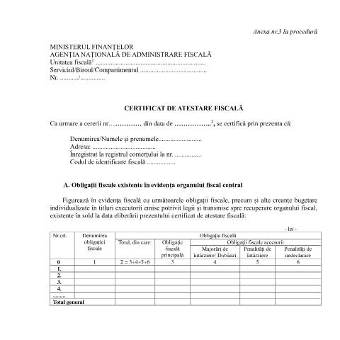 Document preview: Certificat de atestare fiscală (OPANAF 1767/2021) — Documente emise, România (CERFA n°A3_OPANAF_1767_2021)