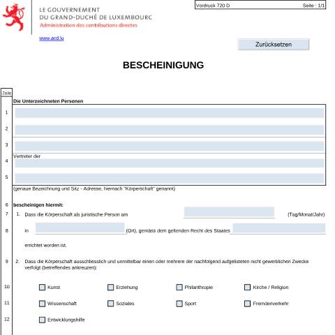 Aperçu du document Bescheinigung "grenzüberschreitende Spenden" — Annexes, Luxembourg (CERFA n°720 D)