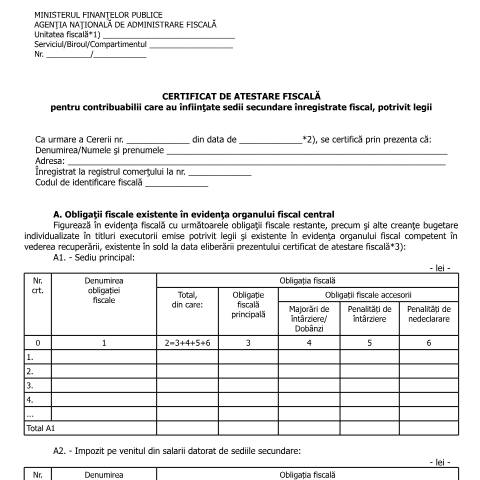 Document preview: Certificat de atestare fiscală pentru contribuabilii care au înființate sedii secundare înregistrate fiscal, potrivit legii (OPANAF 90/2016) — Documente emise, România (CERFA n°A9p_OPANAF_90_2016)
