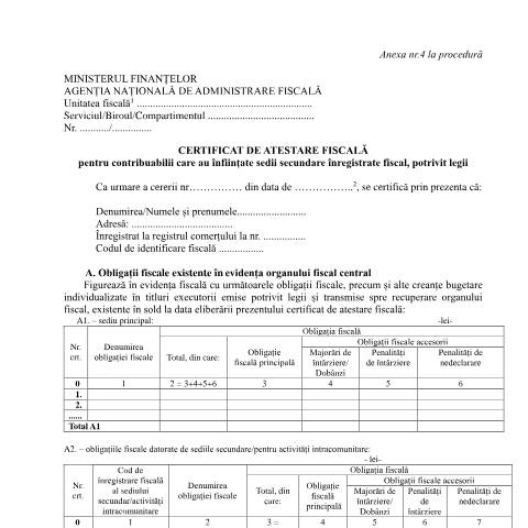 Document preview: Certificat de atestare fiscală pentru contribuabilii care au înființate sedii secundare înregistrate fiscal (OPANAF 1767/2021) — Documente emise, România (CERFA n°A4_OPANAF_1767_2021)