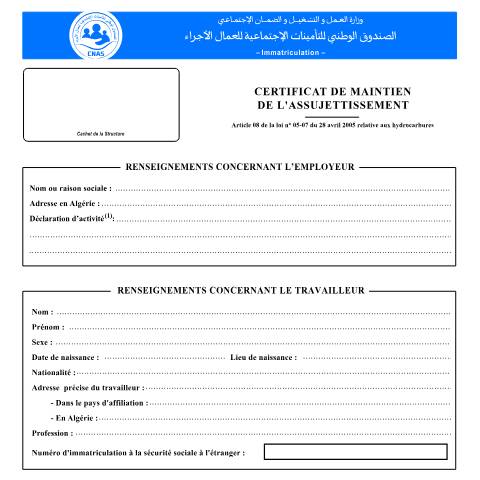 Aperçu du document IM-09 Certificat de maintien de l'assujettissement — CNAS — Formulaires Sécurité sociale, Algérie (CERFA n°IM-09)