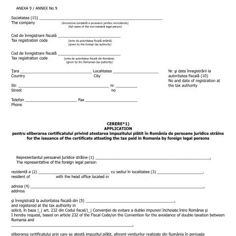 Document preview: Cerere pentru eliberarea certificatului privind atestarea impozitului plătit în România de persoane juridice străine (OMFP 583/2016) — Cereri, România (CERFA n°A9_OMFP_583_2016)
