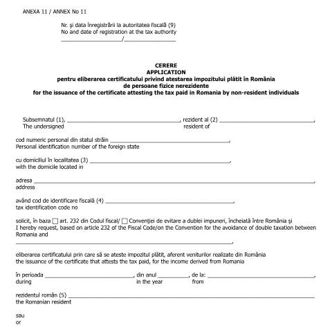 Document preview: Cerere pentru eliberarea certificatului privind atestarea impozitului plătit în România de persoane fizice nerezidente (OMFP 583/2016) — Cereri, România (CERFA n°A11_OMFP_583_2016)